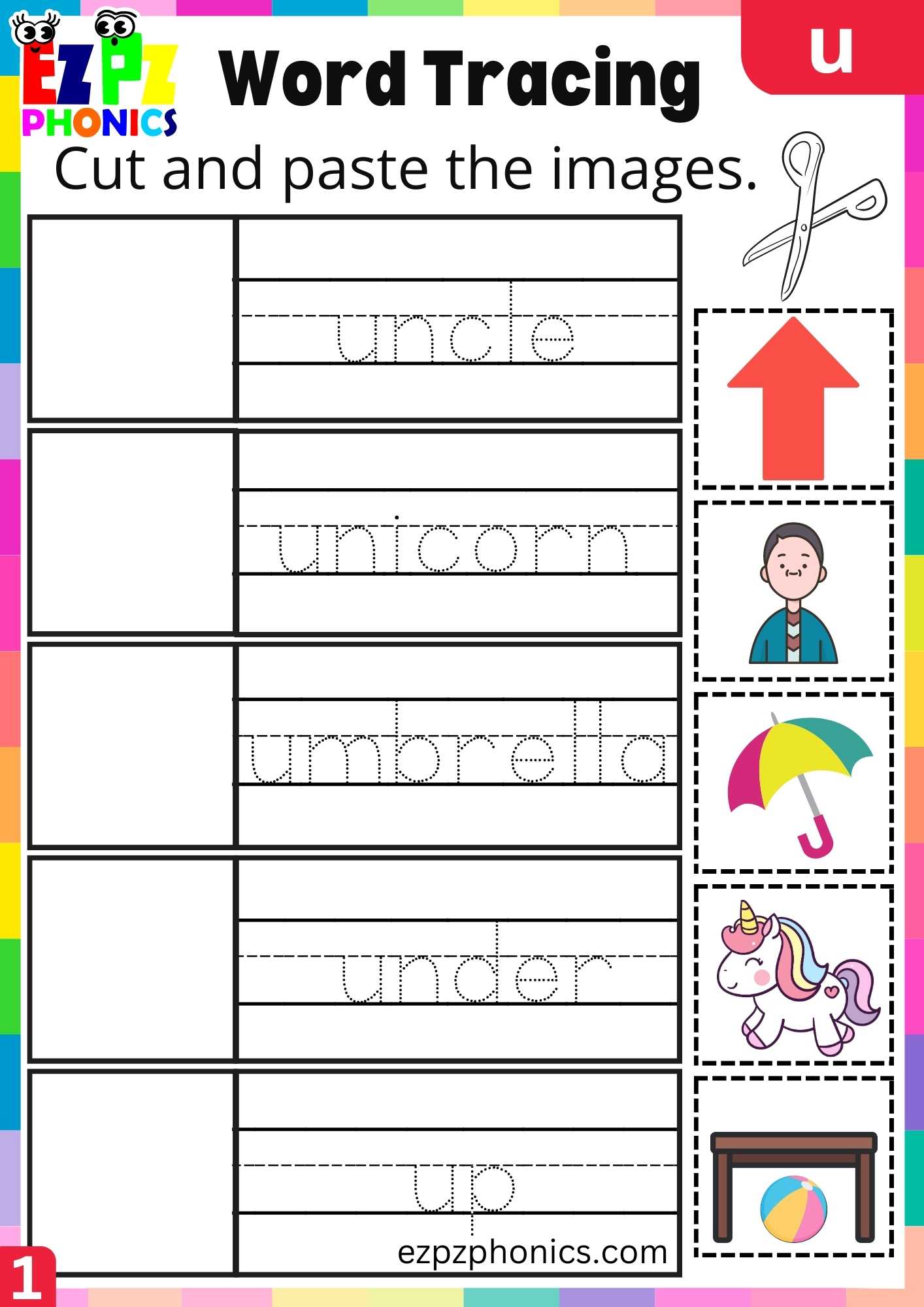 Letter U Word Tracing Beginning Sounds Worksheet